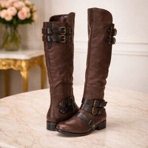 Dolce Vita Brown Buckle Knee High Boots 8.5 Riding Moto Chic Equestrian